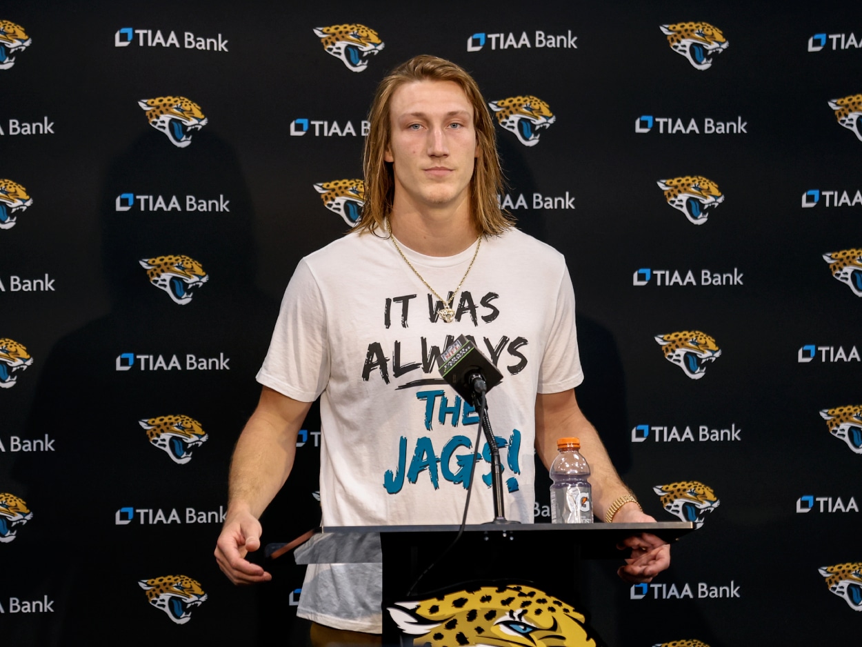 Quarterback Trevor Lawrence of the Jacksonville Jaguars talks with the media.