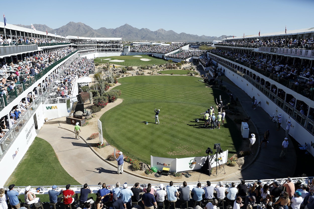 The 16th hole at TPC Scottsdale is shown from above.