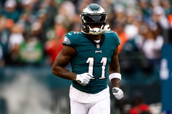 A.J. Brown of the Philadelphia Eagles runs onto the field prior to the NFC Championship Game.