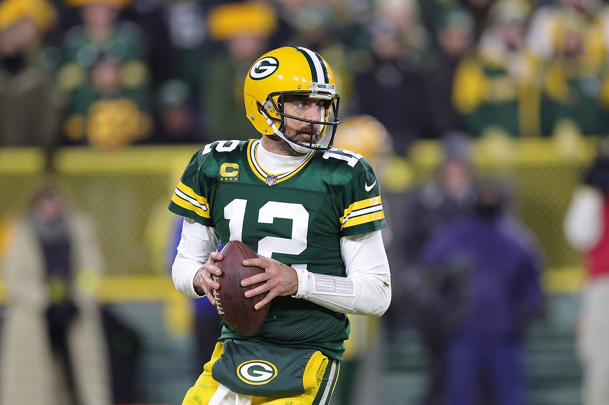 Aaron Rodgers during a Packers-Lions matchup in January 2023