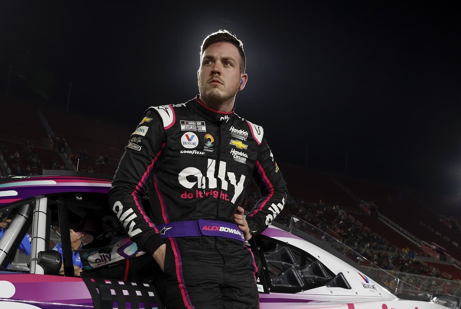 Alex Bowman looks on during qualifying for the NASCAR Clash at the Coliseum on Feb. 4, 2023.
