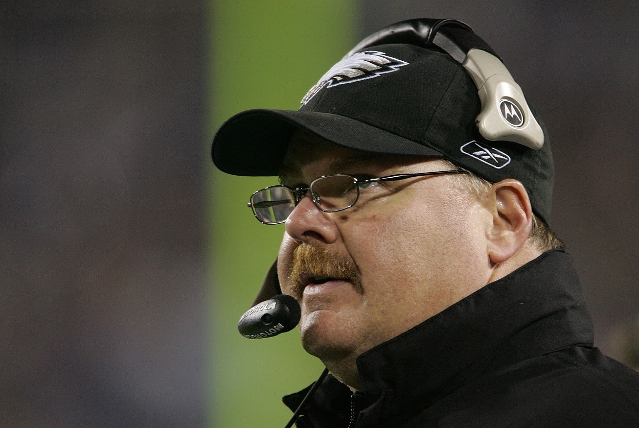 Andy Reid during the Eagles-Patriots matchup in Super Bowl 39