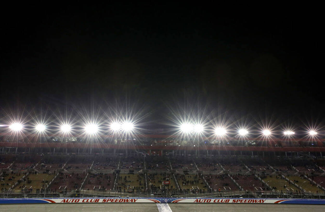 A night view of the Auto Club Speedway grandstand.