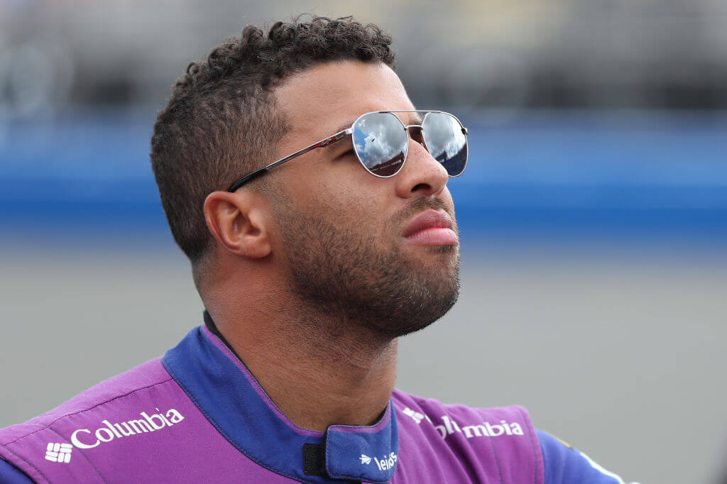 Bubba Wallace on the grid at Auto Club Speedway.