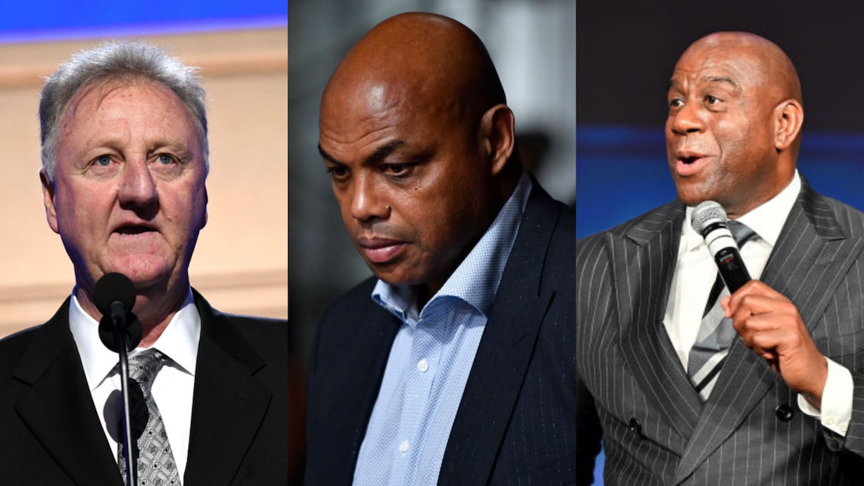 Larry Bird (L), Charles Barkley (C), Magic Johnson (R)