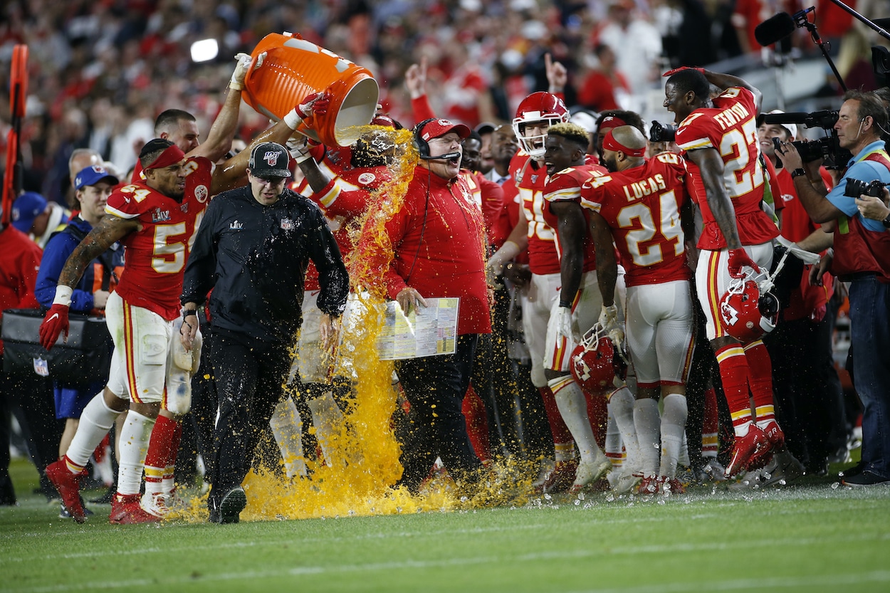 Andy Reid receives a Gatorade shower.