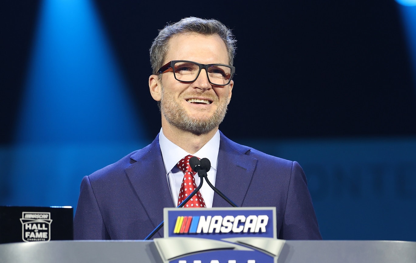 NASCAR Hall of Famer Dale Earnhardt Jr. speaks prior to inducting Kirk Shelmerdine during the NASCAR Hall of Fame Induction Ceremony at Charlotte Convention Center on Jan. 20, 2023. | David Jensen/Getty Images