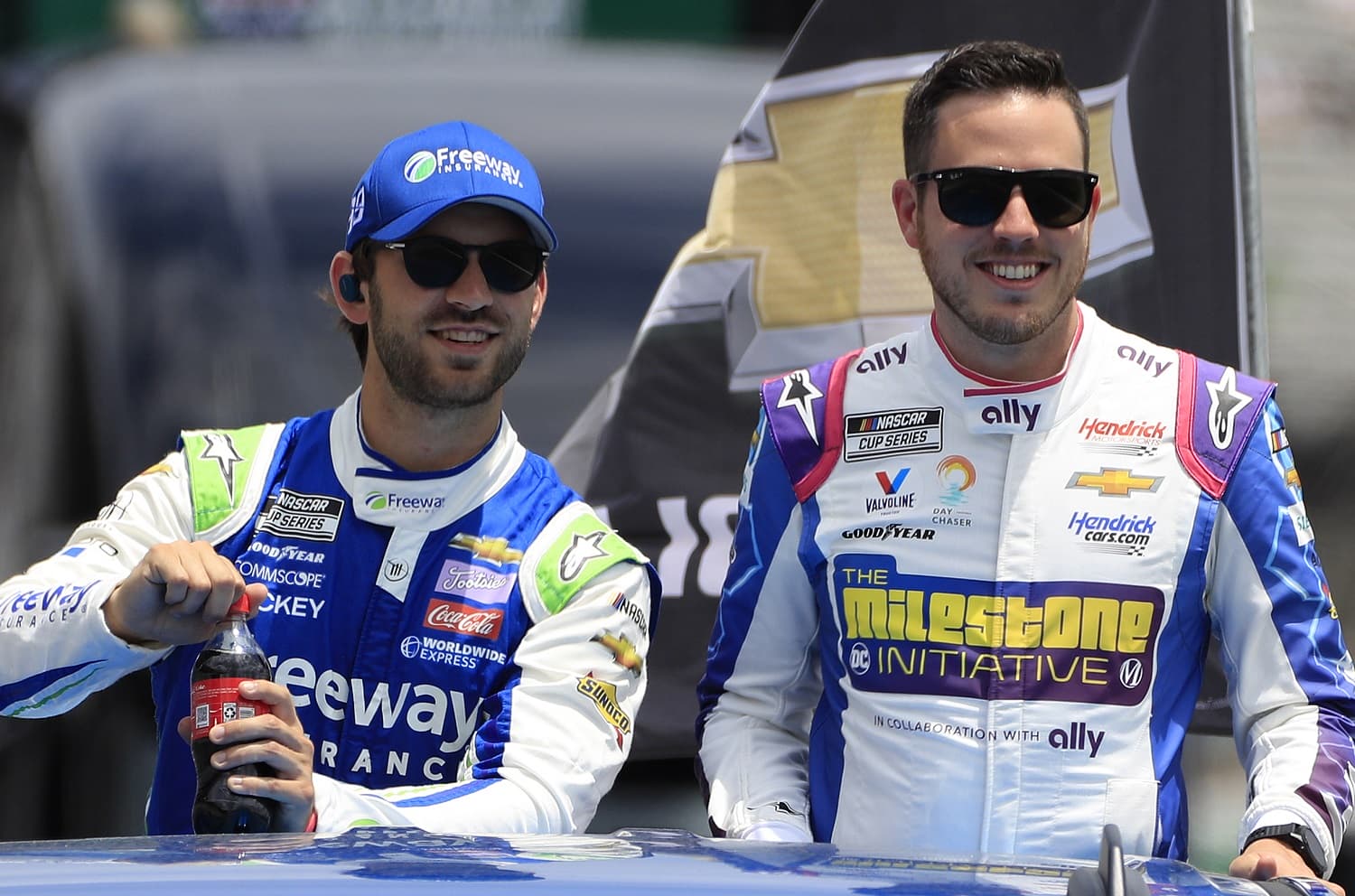 Daniel Suarez and Alex Bowman during driver intros before the Quaker State 400 NASCAR race on July 10, 2022 at the Atlanta Motor Speedway. | David J. Griffin/Icon Sportswire via Getty Images