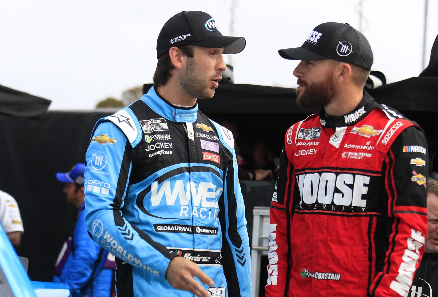 Daniel Suarez talks with teammate Ross Chastain during qualifying for the NASCAR Cup Series Xfinity 500 on Oct. 29, 2022. at Martinsville Speedway. | Jeff Robinson/Icon Sportswire via Getty Images