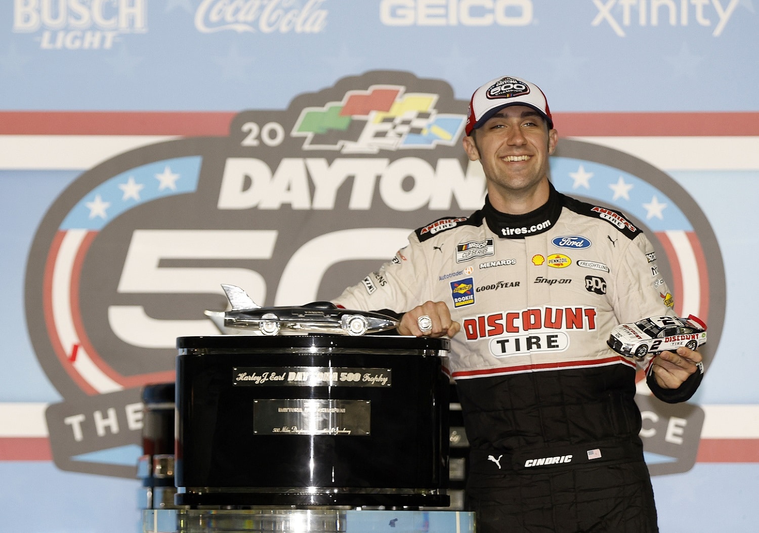 Austin Cindric celebrates in Victory Lane after winning the NASCAR Cup Series Daytona 500 on Feb. 20, 2022.