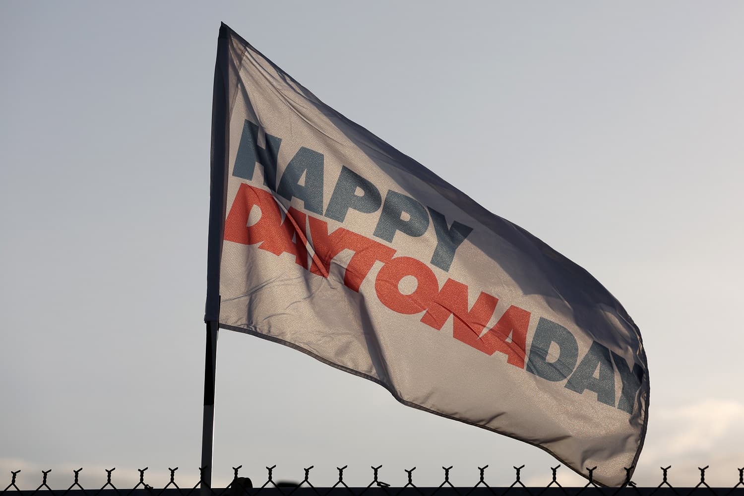 A "Happy Daytona Day" flag during the NASCAR Cup Series Daytona 500 on Feb. 19, 2023.