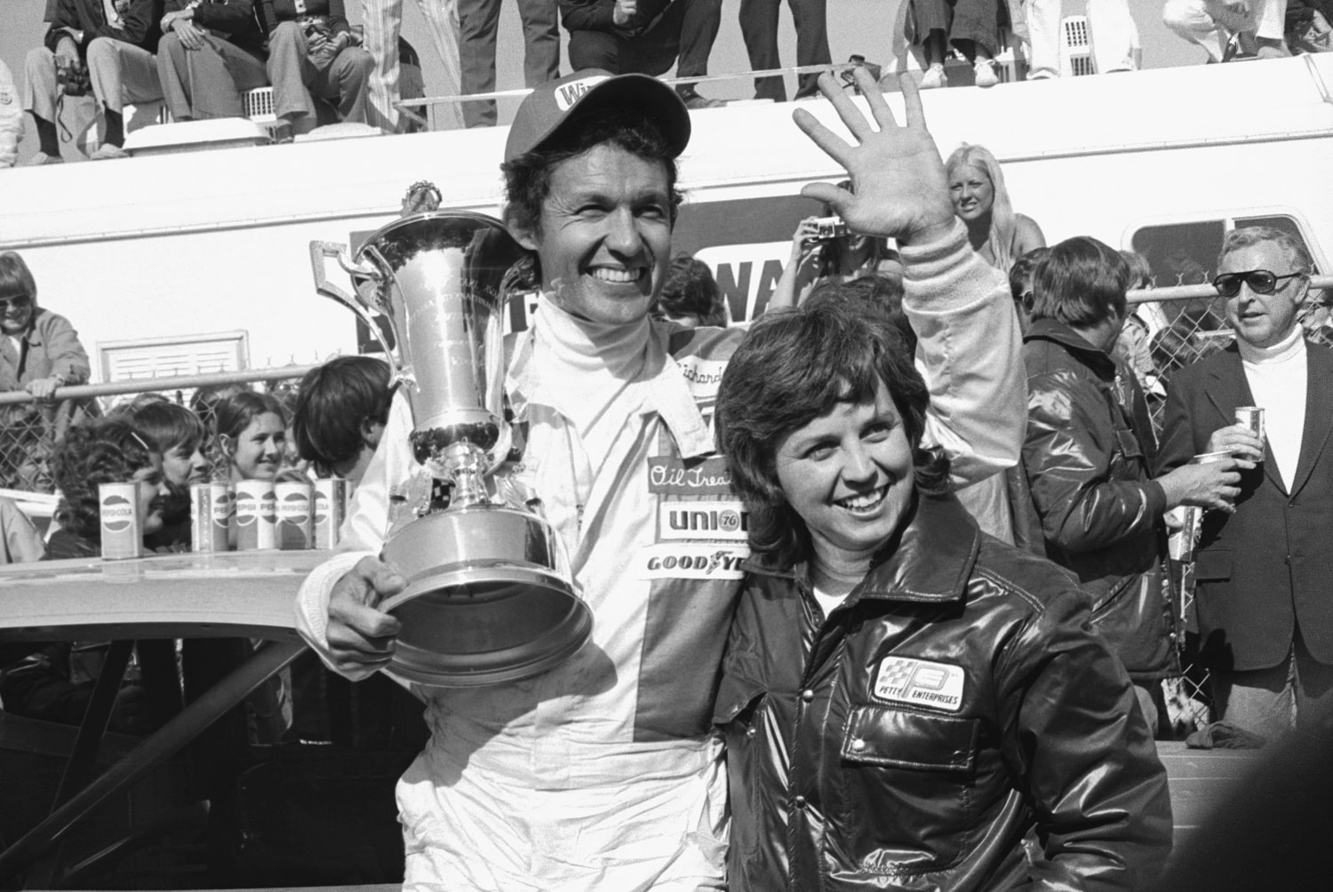 Richard Petty waves to the cheering crowd after winning the Daytona 500 for the fifth time Feb. 17, 1974.