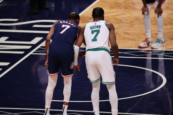Kevin Durant of Brooklyn Nets and Jaylen Brown of Boston Celtics in action.