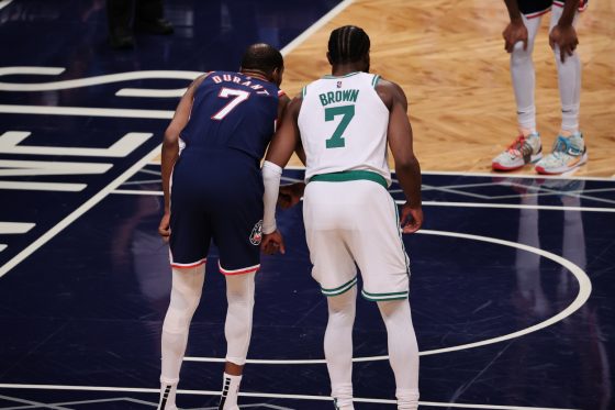 Kevin Durant of Brooklyn Nets and Jaylen Brown of Boston Celtics in action.