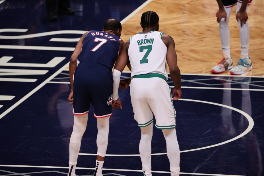 Kevin Durant of Brooklyn Nets and Jaylen Brown of Boston Celtics in action.