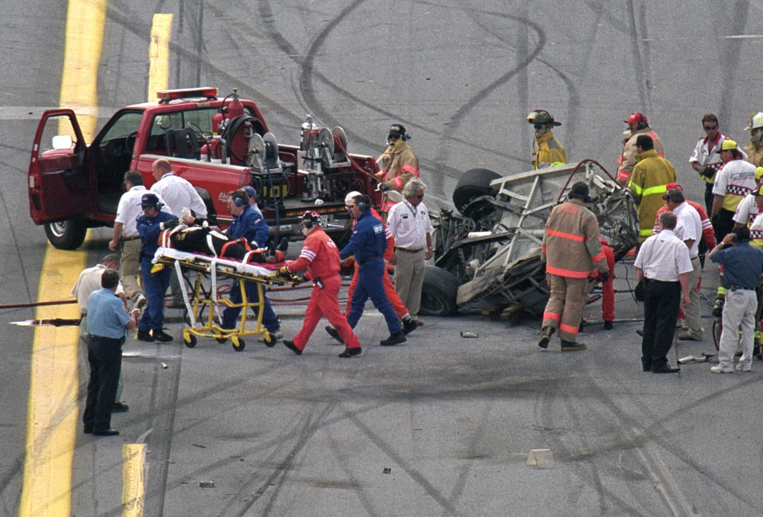 A view of the aftermath of Geoffrey Bodine's accident during the Craftsman Truck Series in the Daytona 250.