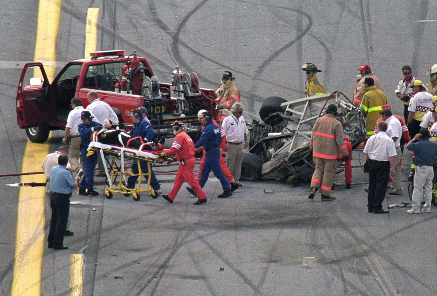 A view of the aftermath of Geoffrey Bodine's accident during the Craftsman Truck Series in the Daytona 250. | Robert Laberge/Getty Images