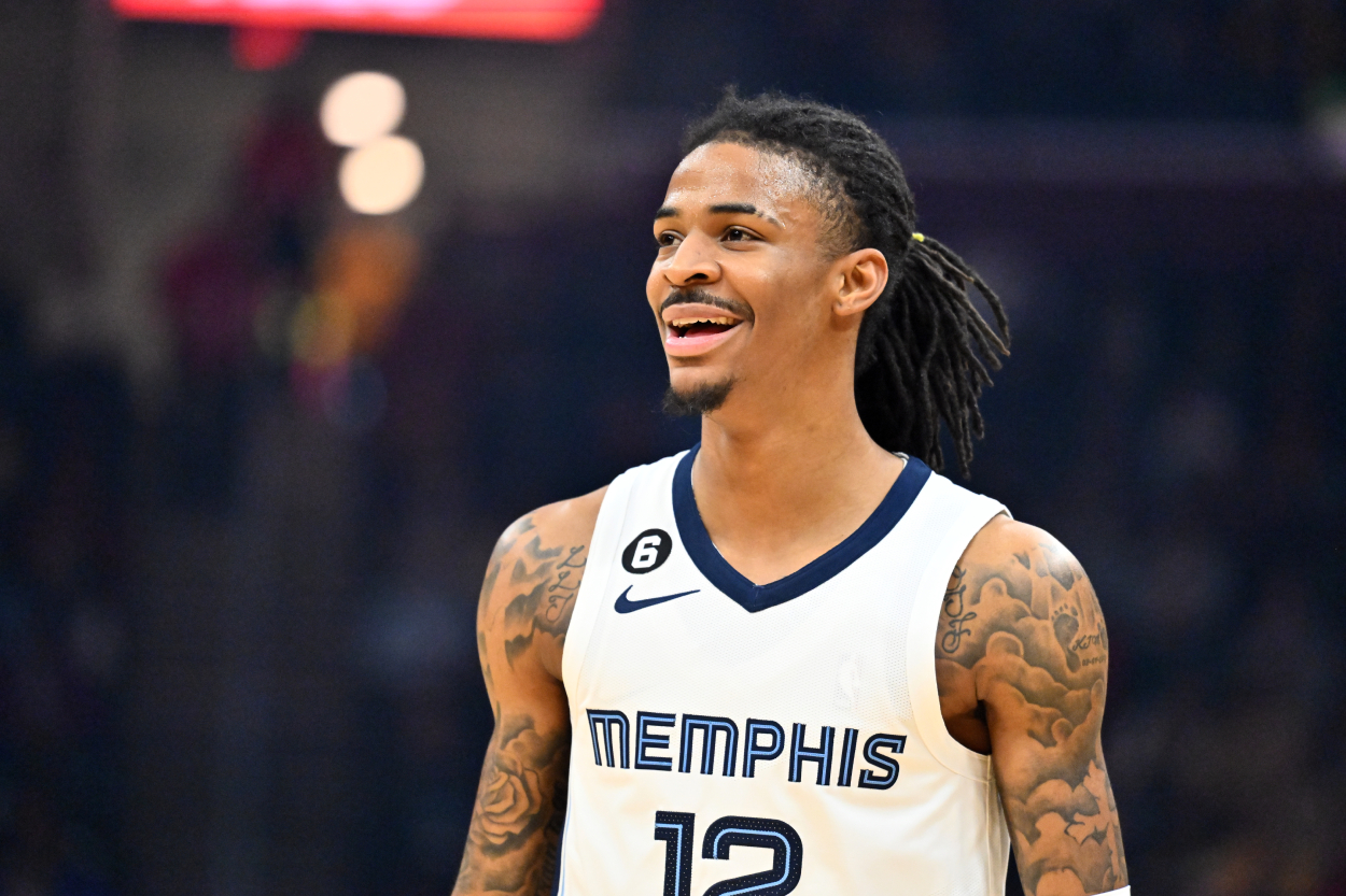 Ja Morant of the Memphis Grizzlies reacts during the first quarter of a game.