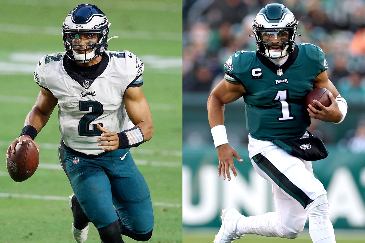 Jalen Hurts as No. 2 and Jalen Hurts as No. 1 with the Eagles