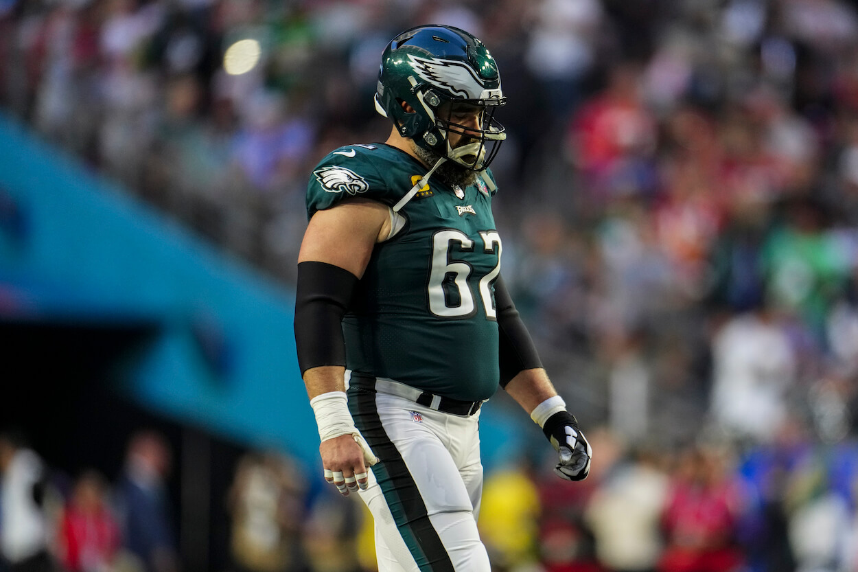 Jason Kelce walks to the line of scrimmage during Super Bowl 57.