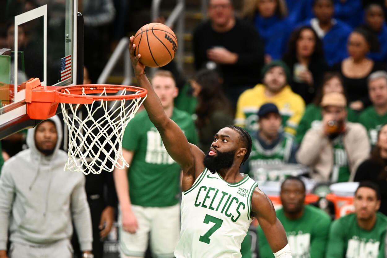 Jaylen Brown of the Boston Celtics attempts a layup.
