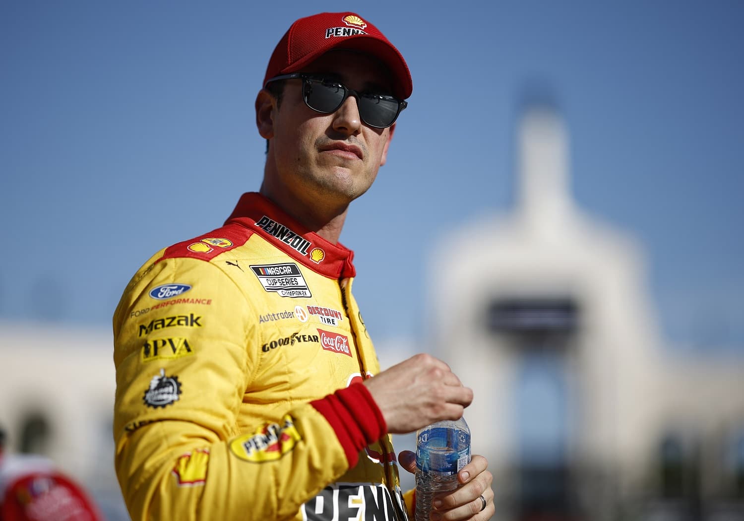 Joey Logano looks on during qualifying heats for the NASCAR Clash at the Coliseum at Los Angeles Memorial Coliseum on Feb. 5, 2023.