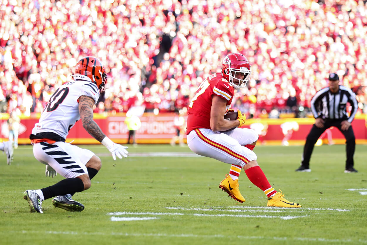 Travis Kelce of the Kansas City Chiefs carries the ball.