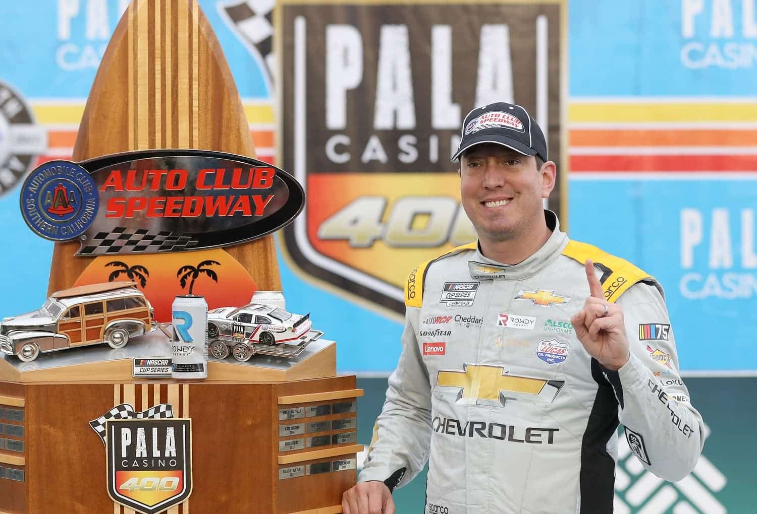 Kyle Busch celebrates after winning the NASCAR Cup Series Pala Casino 400 at Auto Club Speedway on Feb. 26, 2023, in Fontana, California.