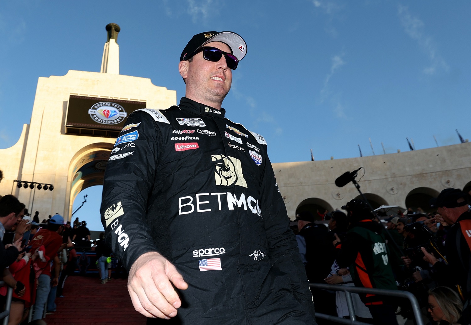 Kyle Busch, driver of the #8 BetMGM Chevrolet, walks down the stairs during driver intros prior to the NASCAR Clash at the Coliseum at Los Angeles Memorial Coliseum on Feb. 5, 2023.