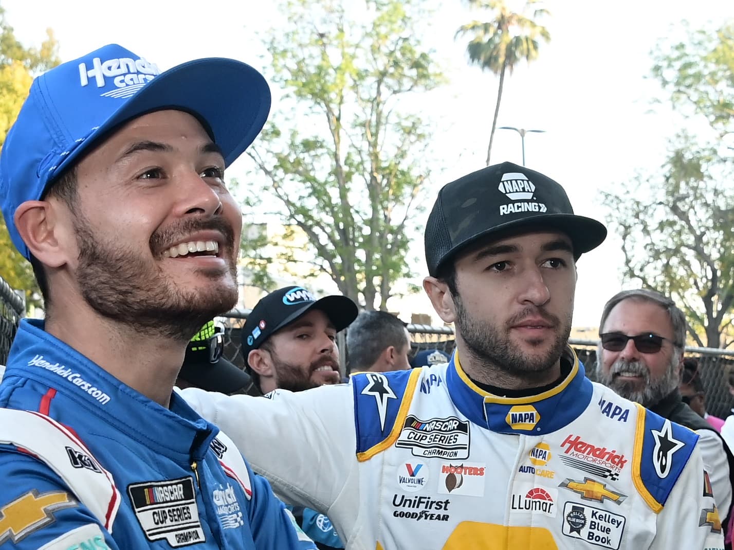 Kyle Larson and Chase Elliott wait backstage during ceremonies prior to the NASCAR Clash at the Coliseum at Los Angeles Memorial Coliseum on Feb. 5, 2023.