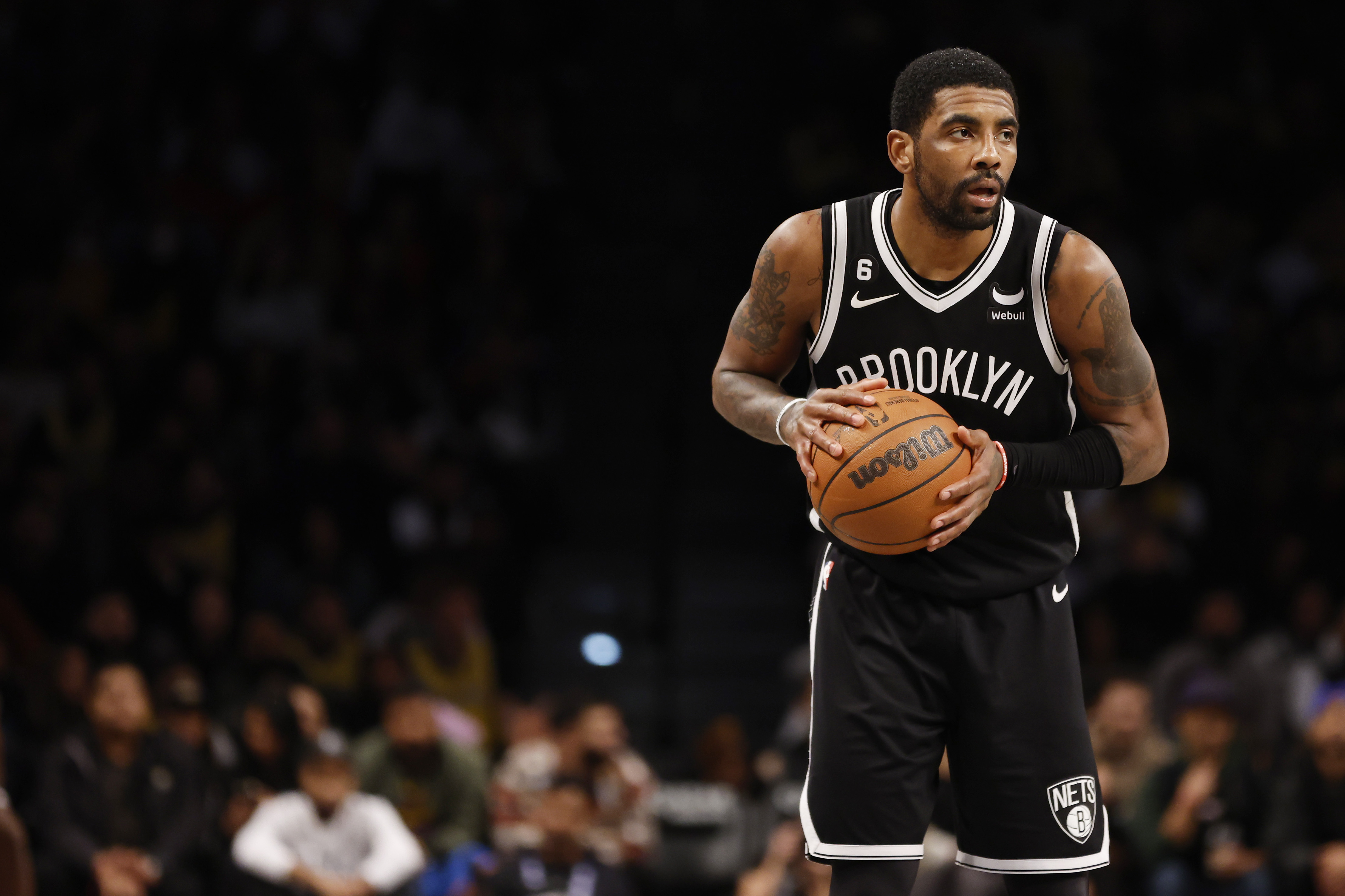 Kyrie Irving of the Brooklyn Nets dribbles during the second half against the Los Angeles Lakers.