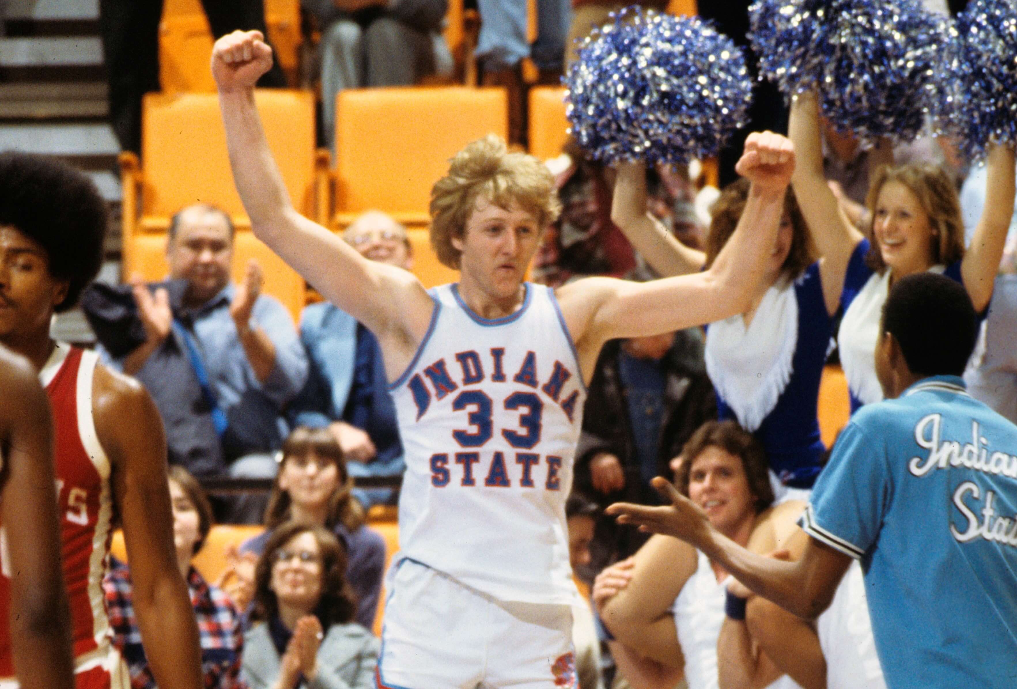 Larry Bird of the Indiana State Sycamores celebrates.