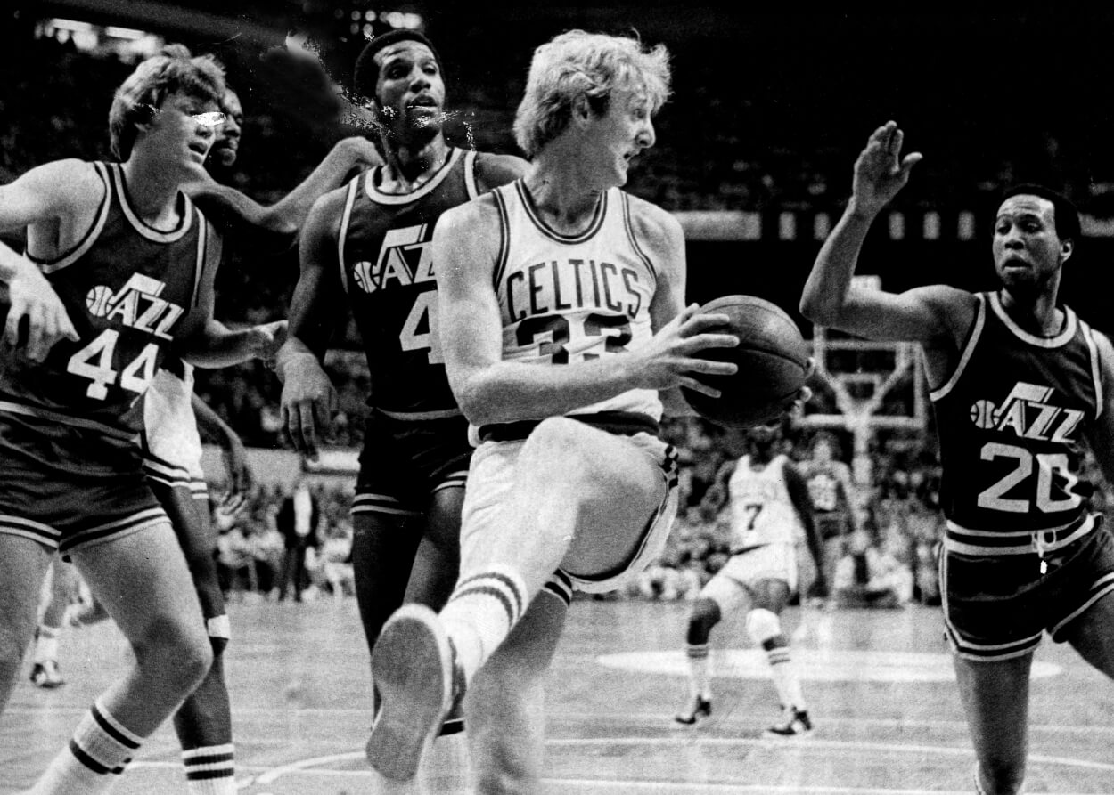 Boston Celtics star Larry Bird in action against the Utah Jazz.