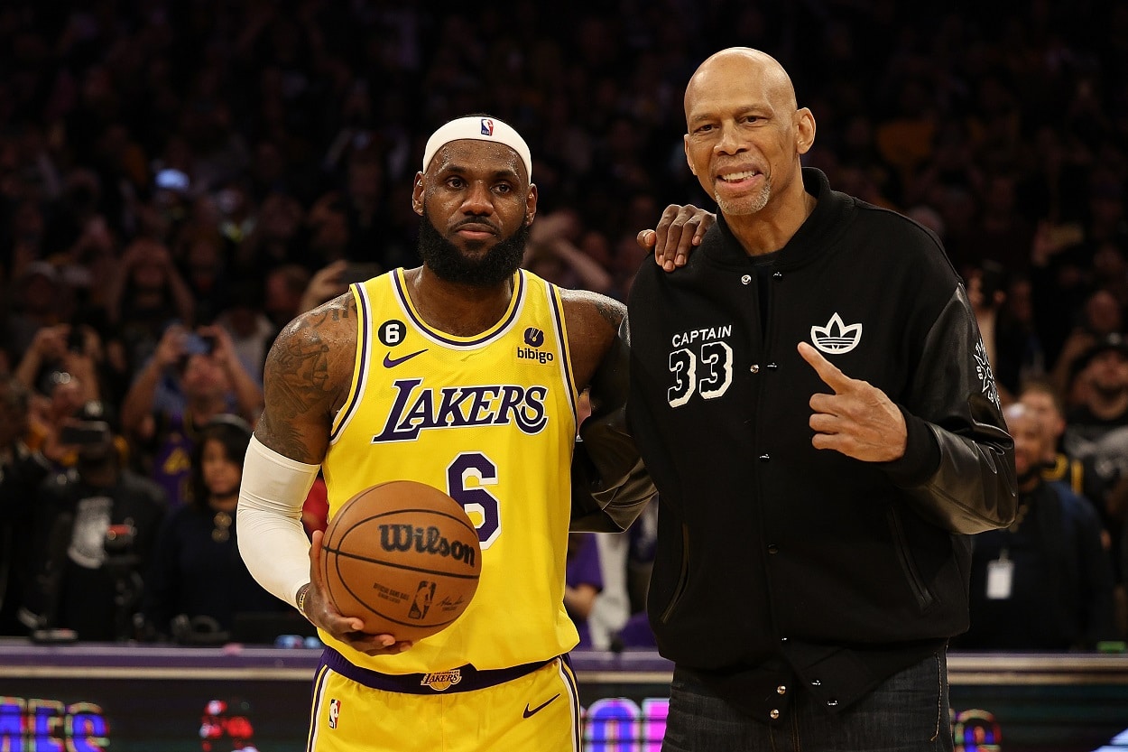 LeBron James and Kareem Abdul-Jabbar after James broke Abdul-Jabbar's scoring record in February 2023