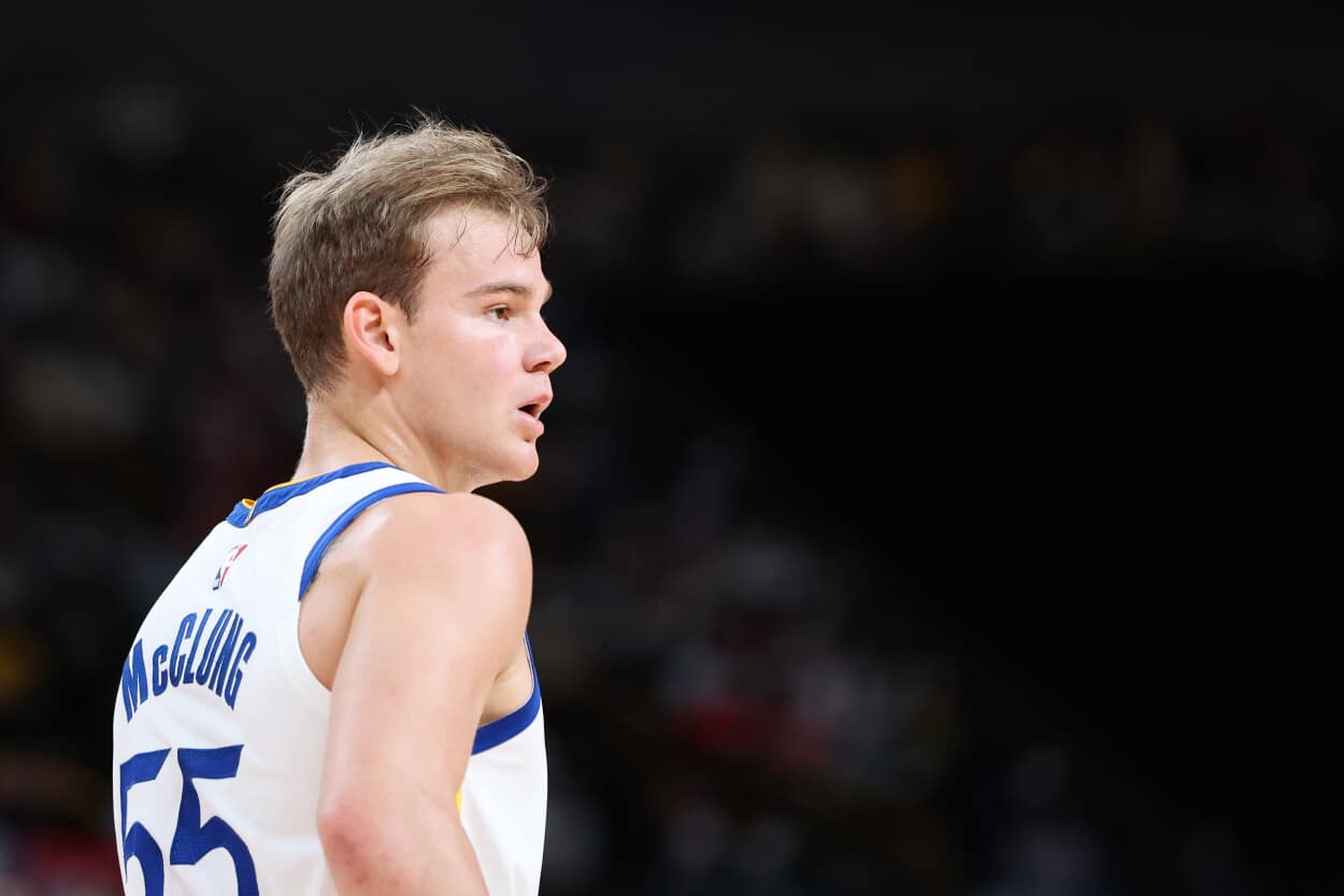 Mac McClung of the Golden State Warriors looks on.