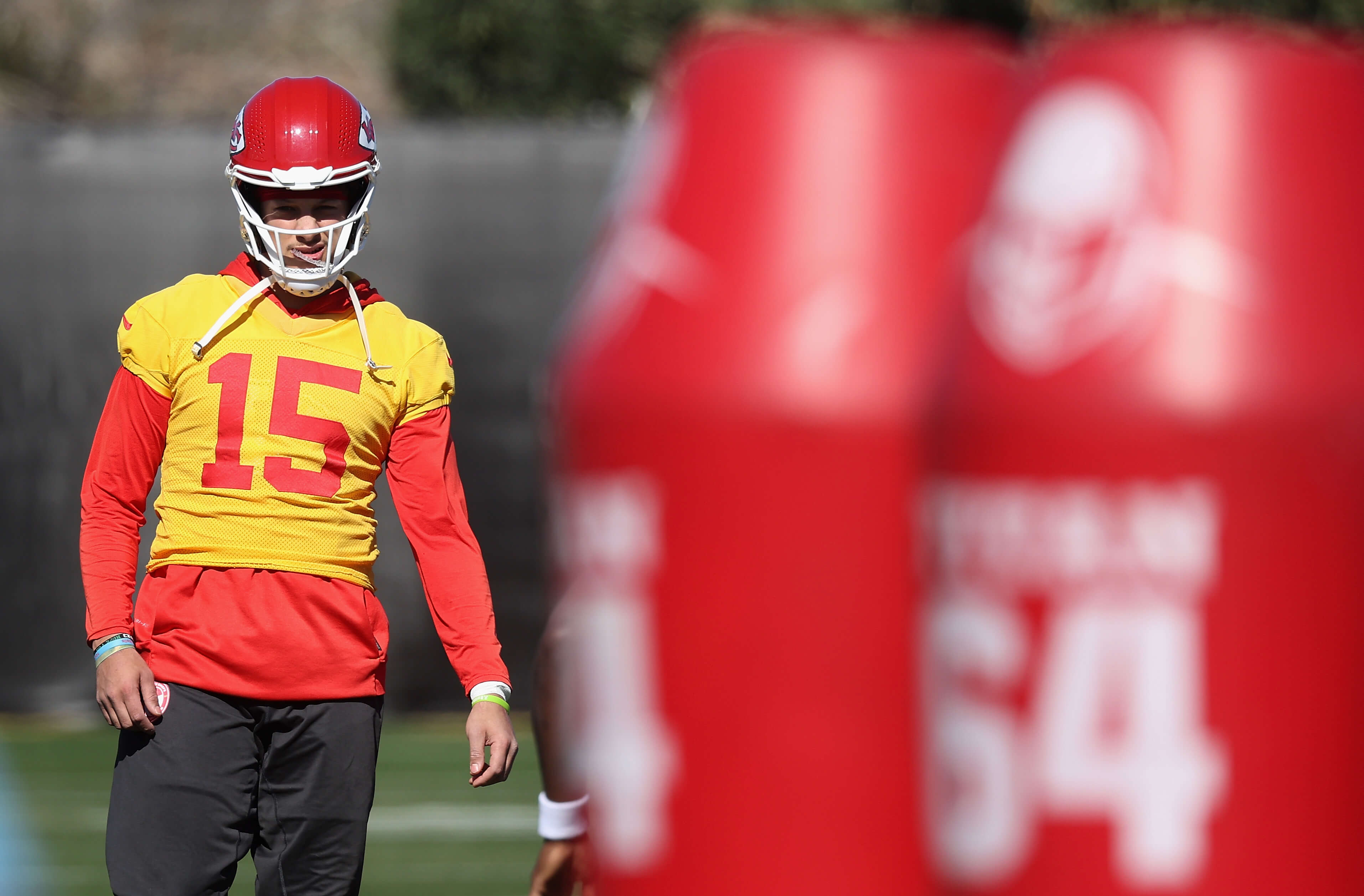 Patrick Mahomes of the Kansas City Chiefs participates in a practice.