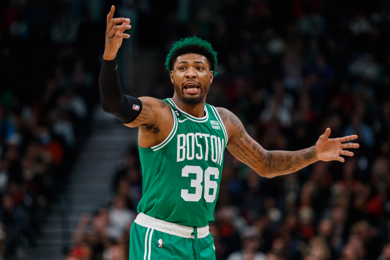 Marcus Smart of the Boston Celtics reacts during the first half of their NBA game against the Toronto Raptors.