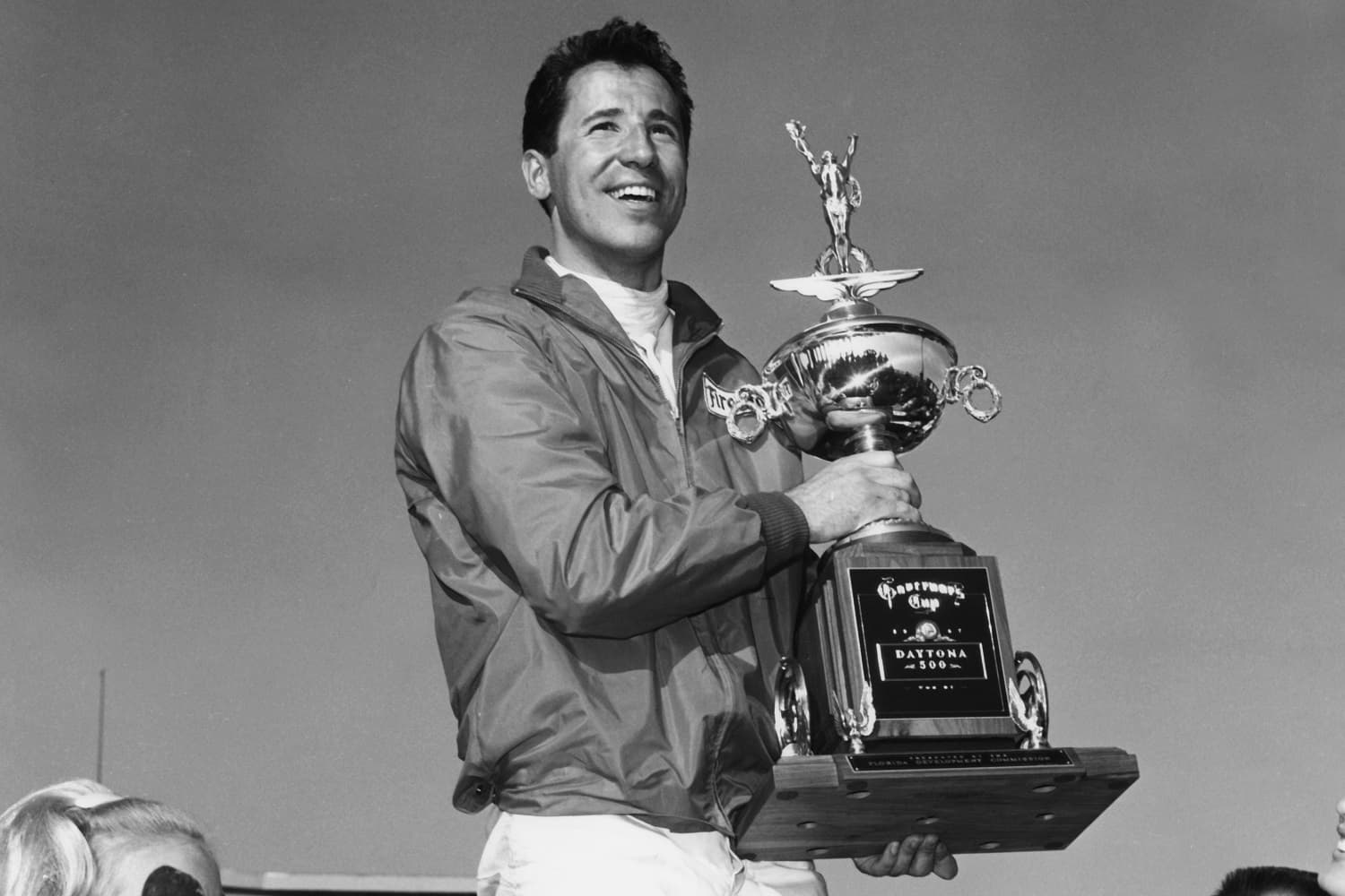 Mario Andretti stands in Victory Lane after winning the Daytona 500 on Feb. 26, 1967.