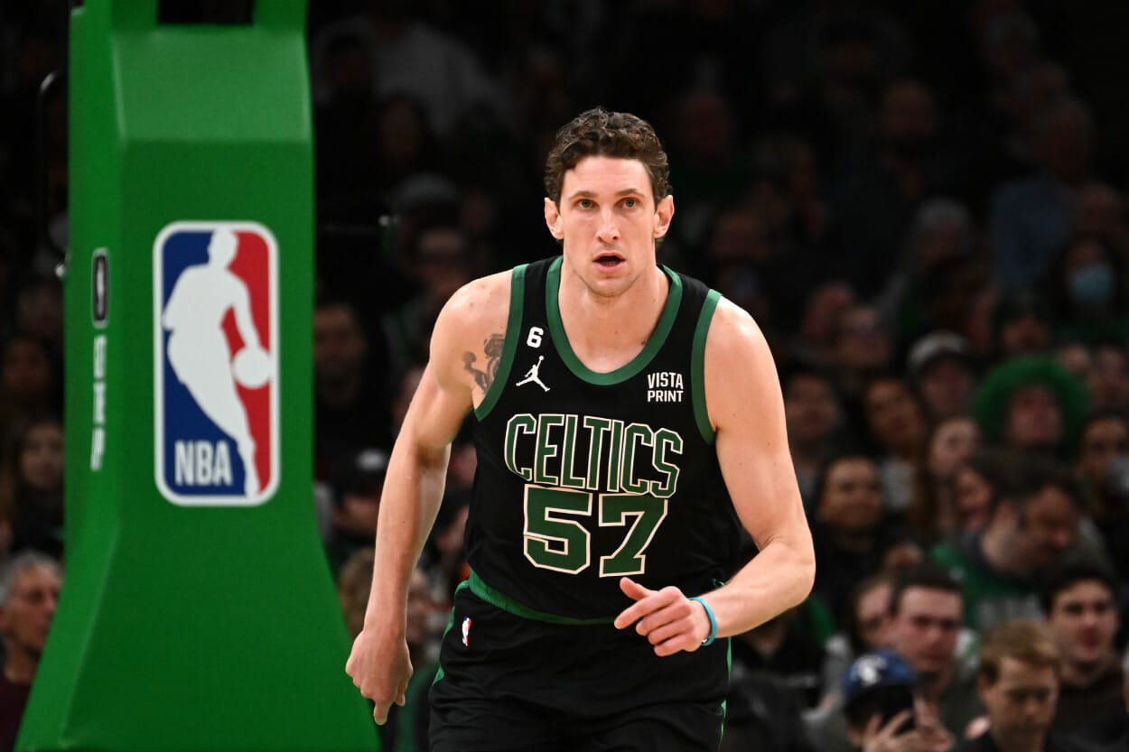 Mike Muscala of the Boston Celtics runs up the court.