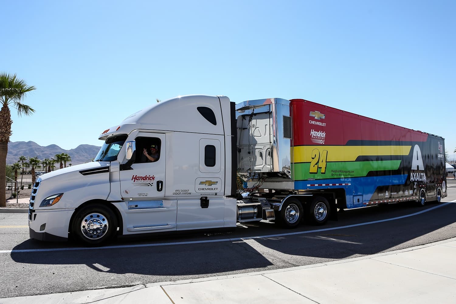 The hauler of Hendrick Motorsports driver William Byron on the move for the NASCAR Cup Series South Point 400 on Oct. 14, 2022.
