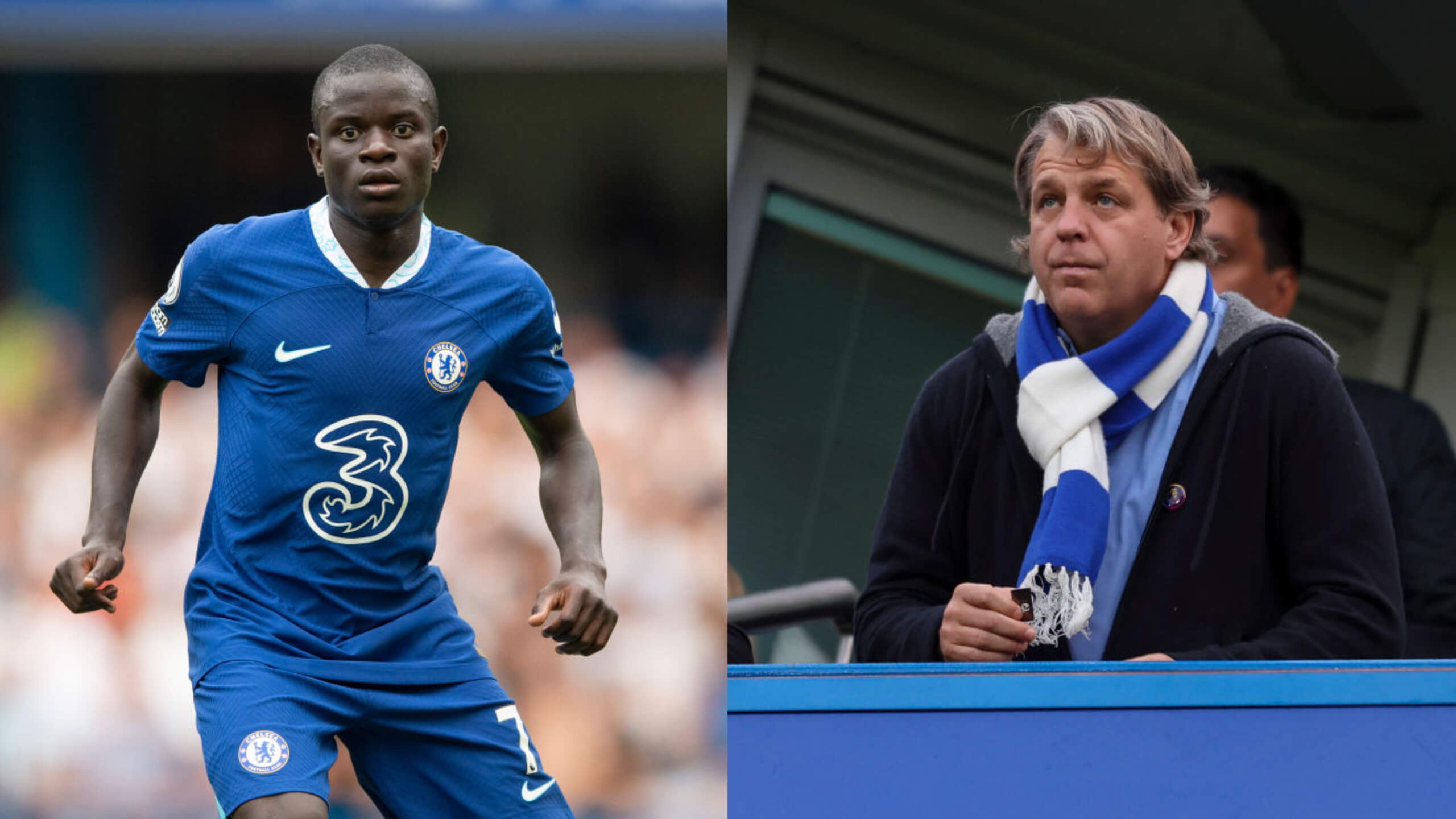 Chelsea midfielder N'Golo Kante (L) and owner Todd Boehly (R)