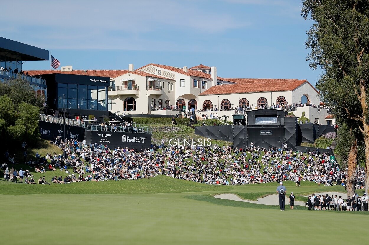A view of the 18th hole at Riviera Country Club during the 2022 PGA Tour Genesis Invitational