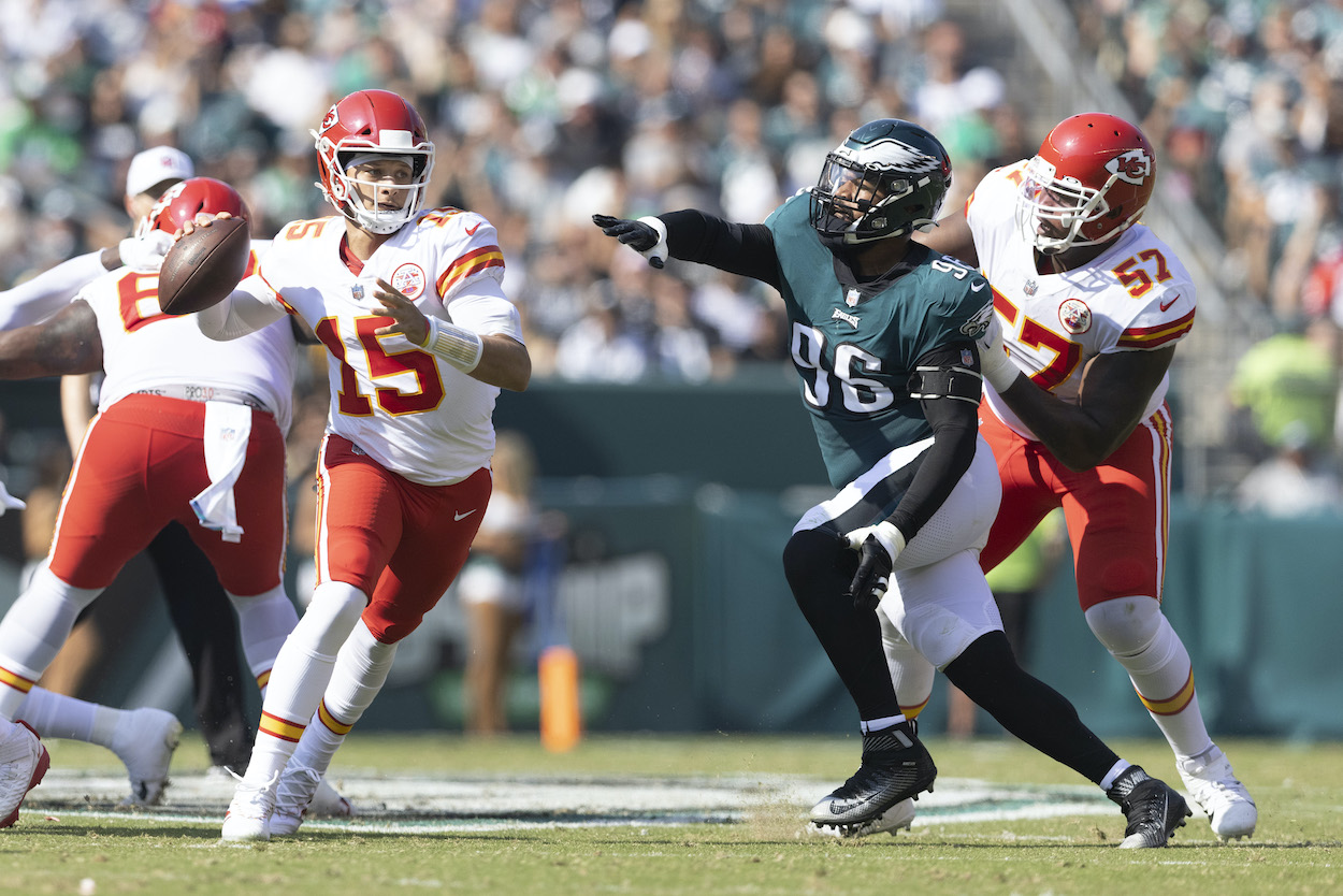 Patrick Mahomes attempts a pass against the Eagles.