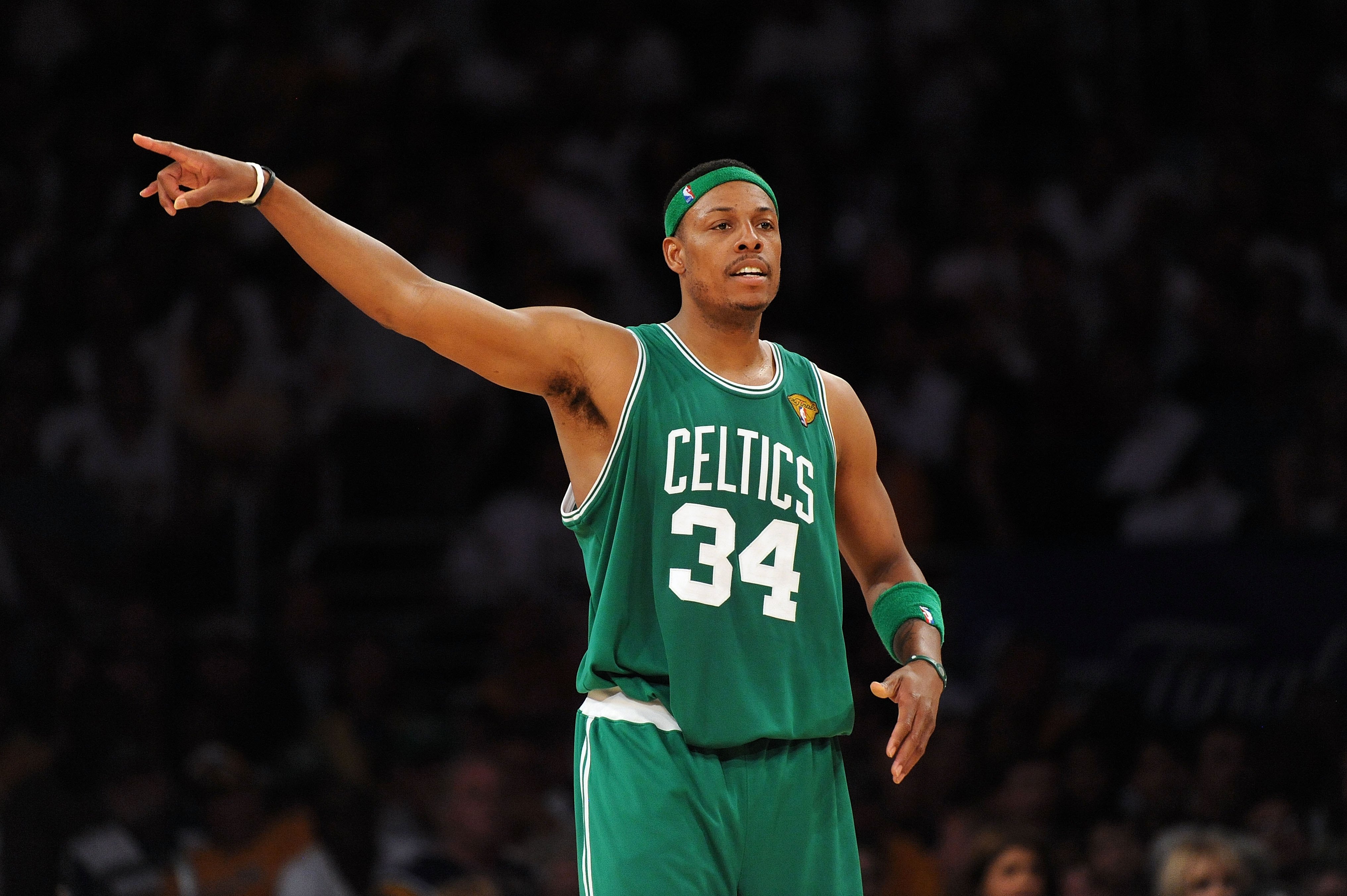Paul Pierce of the Boston Celtics gestures on court against the Los Angeles Lakers.