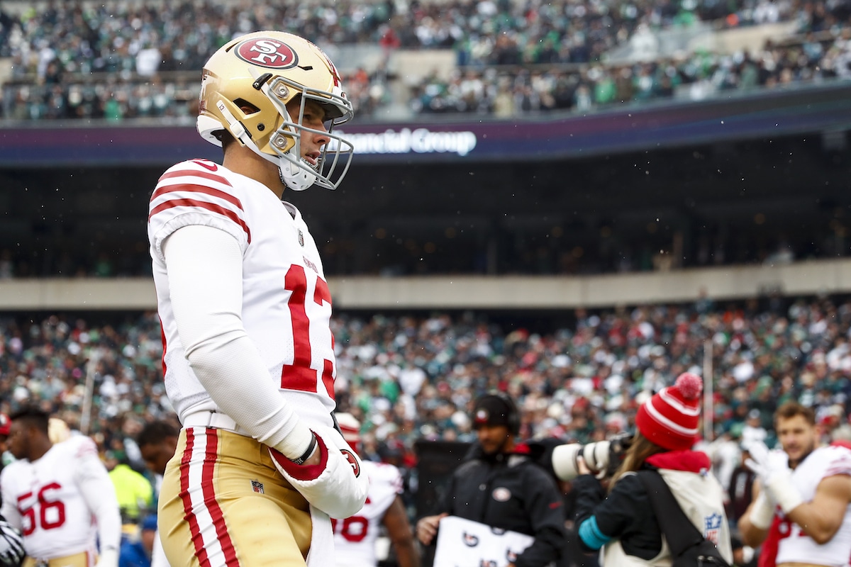 Brock Purdy of the San Francisco 49ers warms up prior to the NFC Championship game against the Philadelphia Eagles