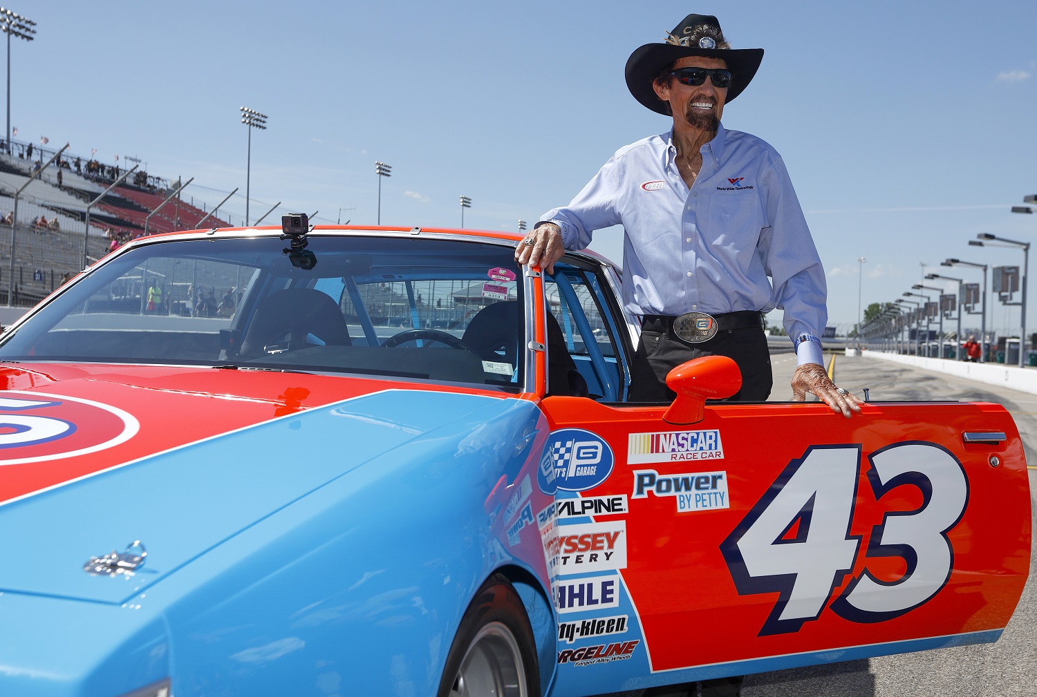 NASCAR Hall of Famer Richard Petty prepares to drive a replica of his No. 43 STP Pontiac during practice for the NASCAR Cup Series Enjoy Illinois 300 at WWT Raceway on June 3, 2022.
