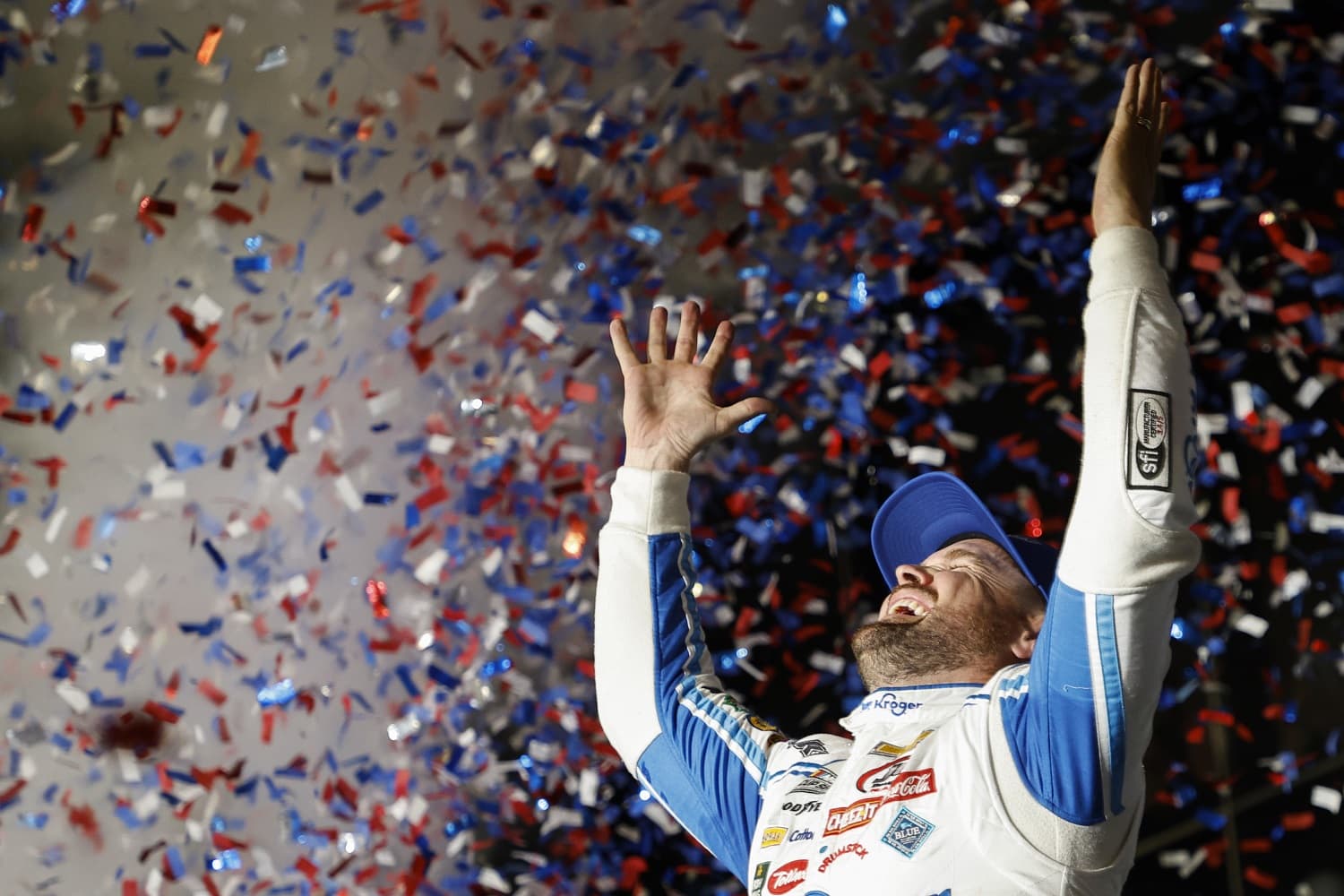 Ricky Stenhouse Jr. celebrates in Victory Lane after winning the 65th Daytona 500 on Feb. 19, 2023.