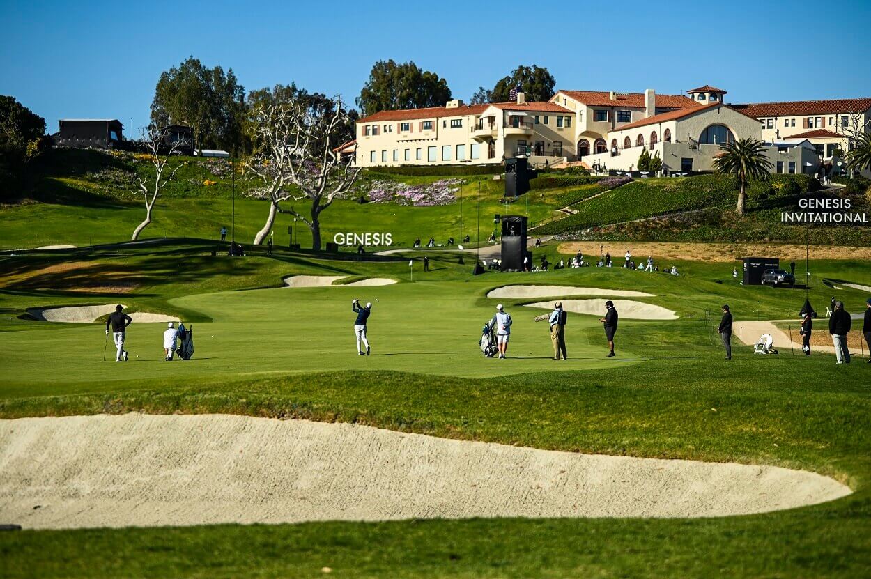 A view of the ninth hole and clubhouse at Riviera Country Club