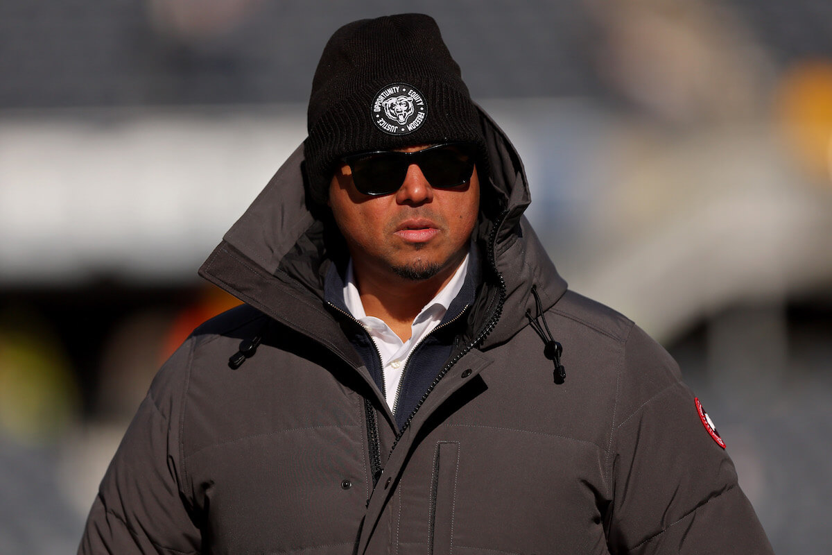 Chicago Bears general manager Ryan Poles is all bundled up