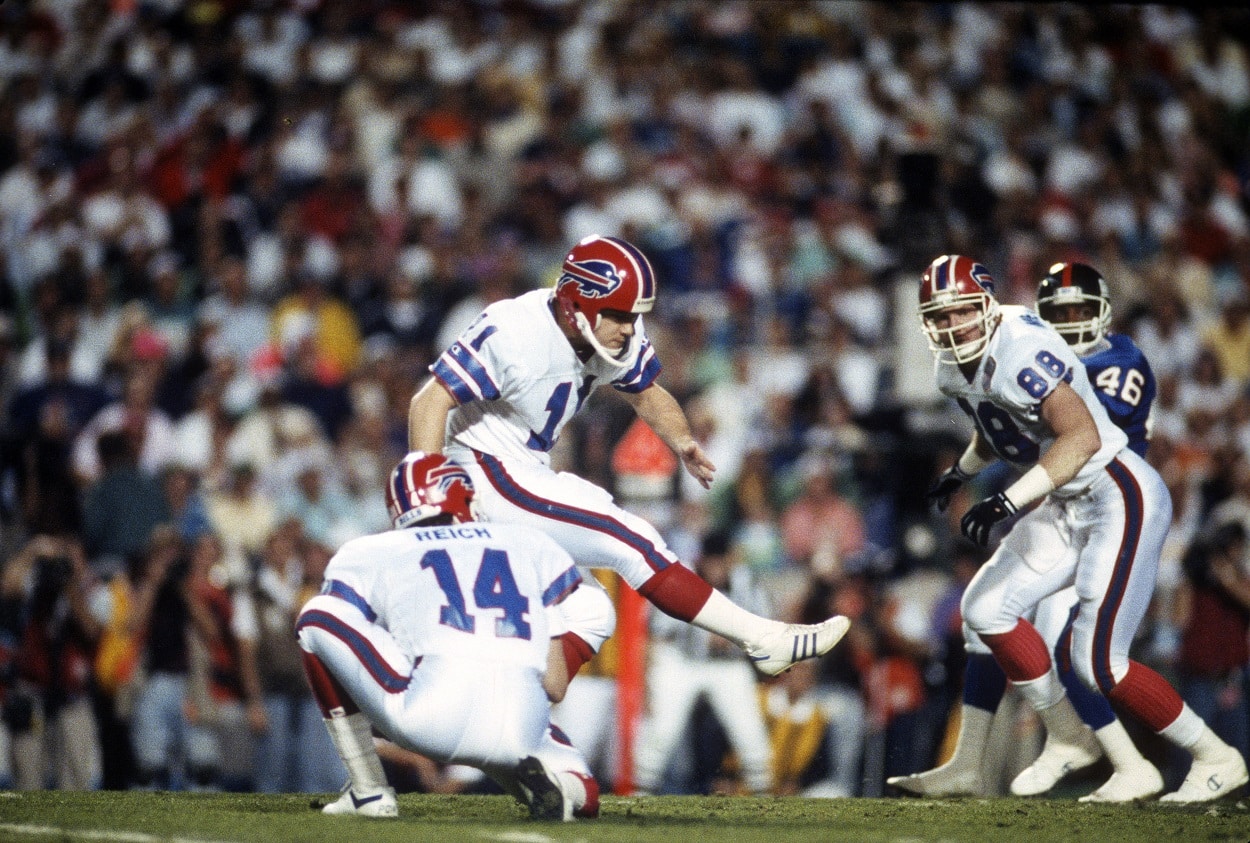 Scott Norwood attempts a kick during Super Bowl 25, which was the closest Super Bowl of all time